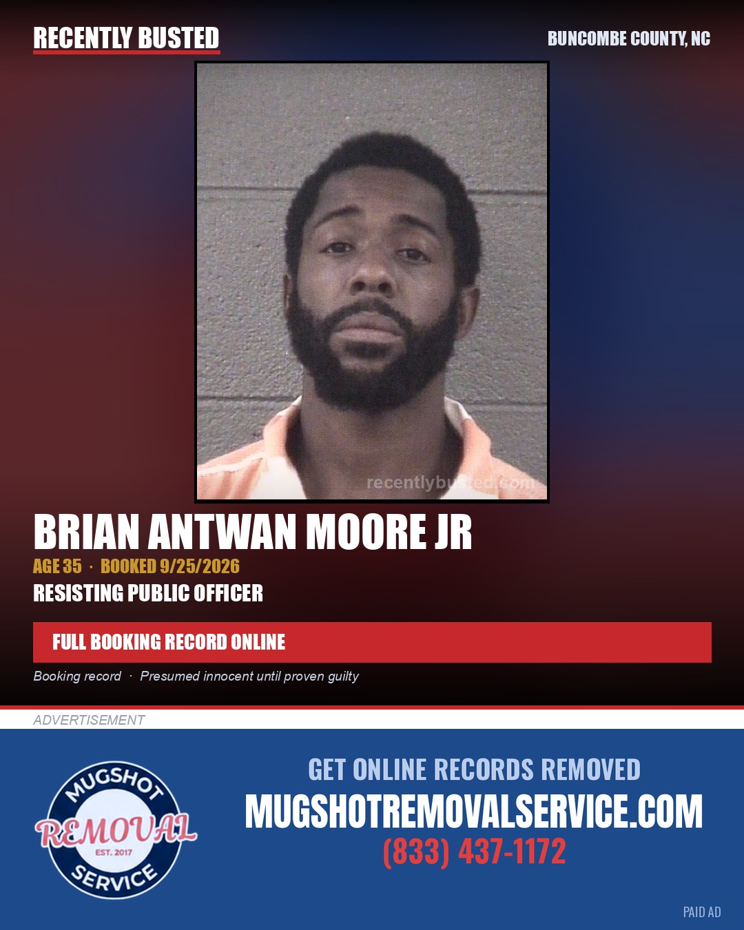 BRIAN ANTWAN MOORE JR — arrest record card, Buncombe County, North Carolina