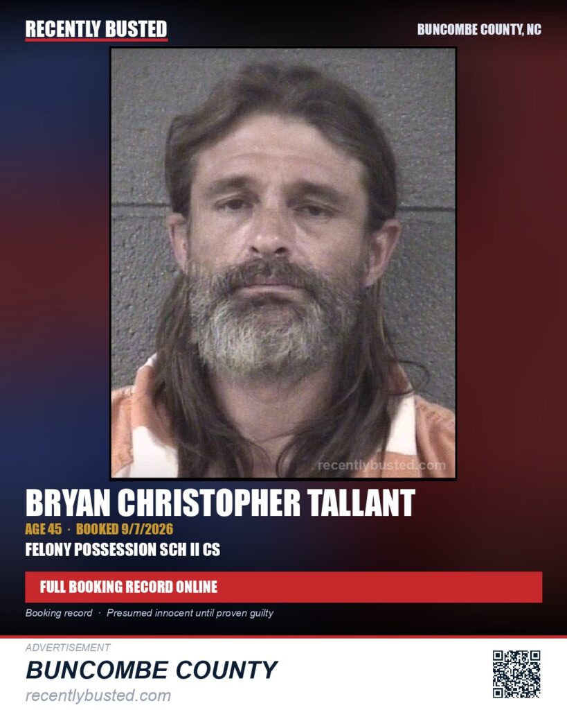 BRYAN CHRISTOPHER TALLANT — arrest record card, Buncombe County, North Carolina