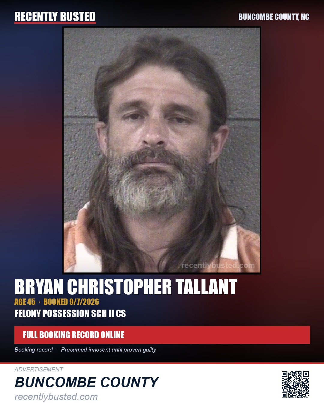 BRYAN CHRISTOPHER TALLANT — arrest record card, Buncombe County, North Carolina