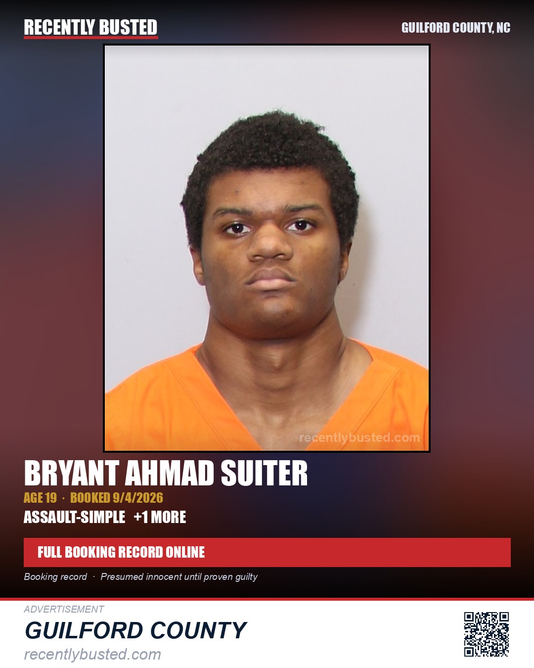 BRYANT AHMAD SUITER — arrest record card, Guilford County, North Carolina