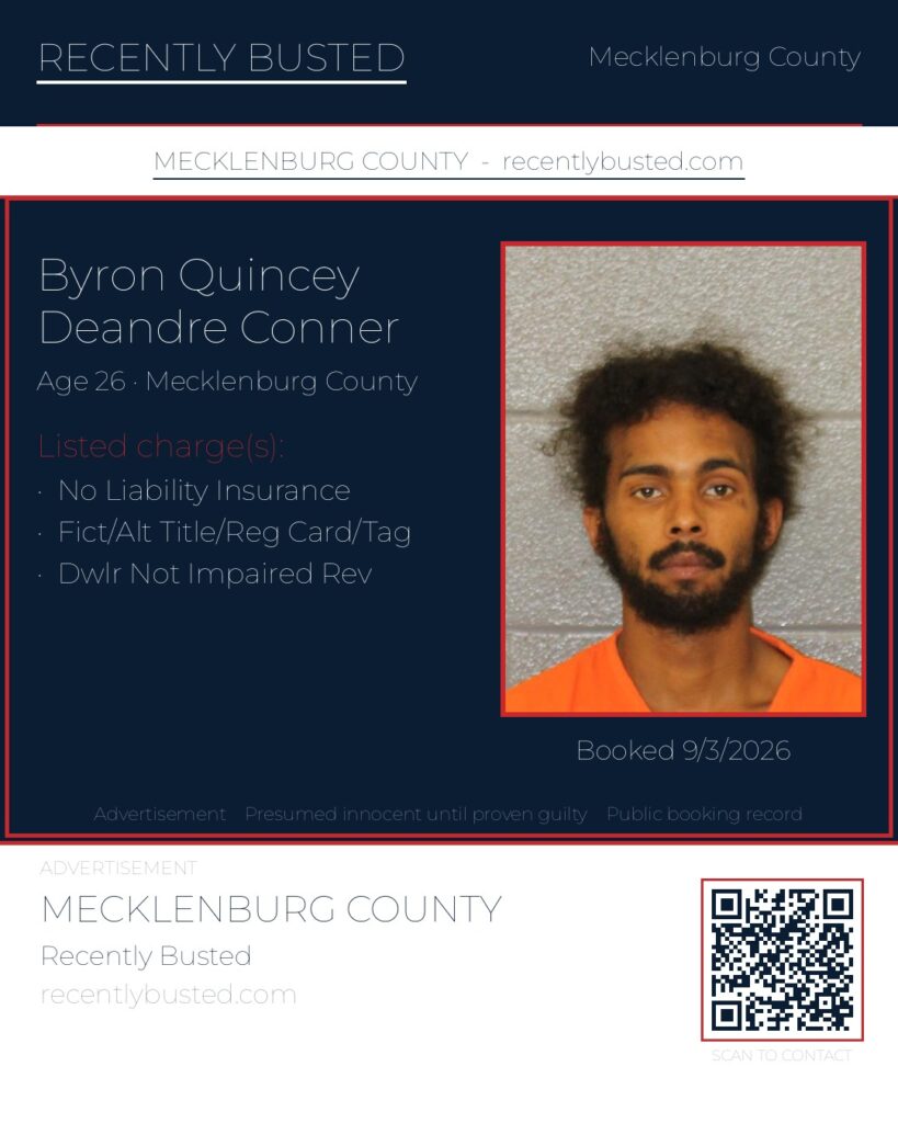 BYRON QUINCEY DEANDRE CONNER — arrest record card, Mecklenburg County, North Carolina