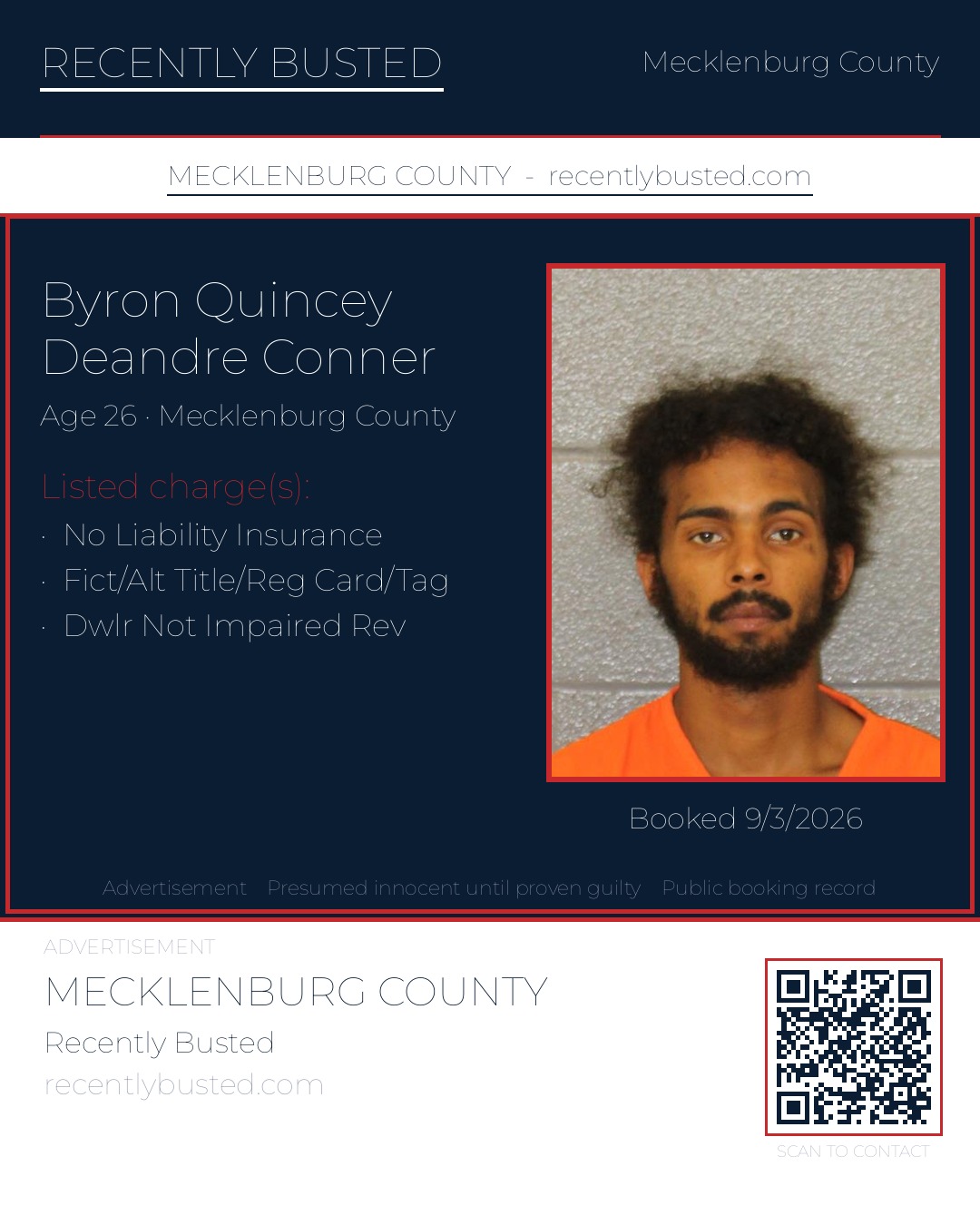 BYRON QUINCEY DEANDRE CONNER — arrest record card, Mecklenburg County, North Carolina