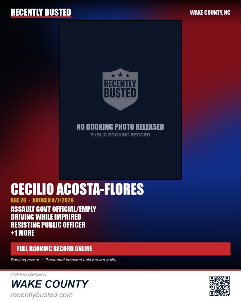 CECILIO ACOSTA-FLORES — arrest record card, Wake County, North Carolina