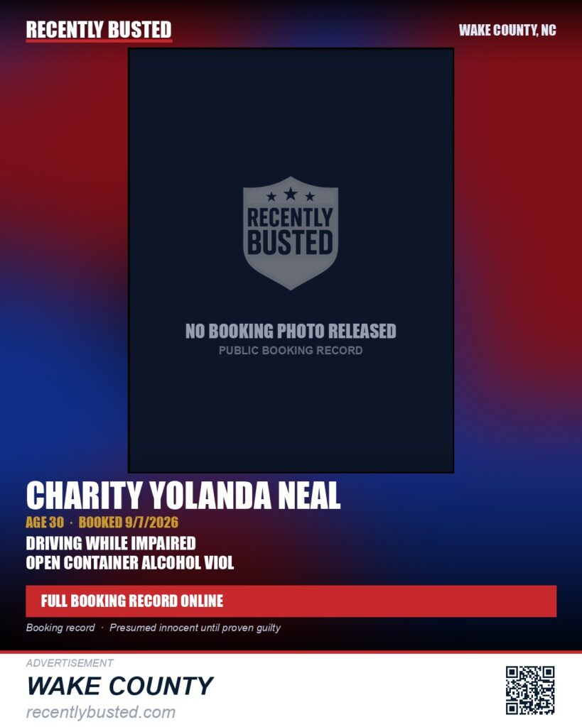 CHARITY YOLANDA NEAL — arrest record card, Wake County, North Carolina