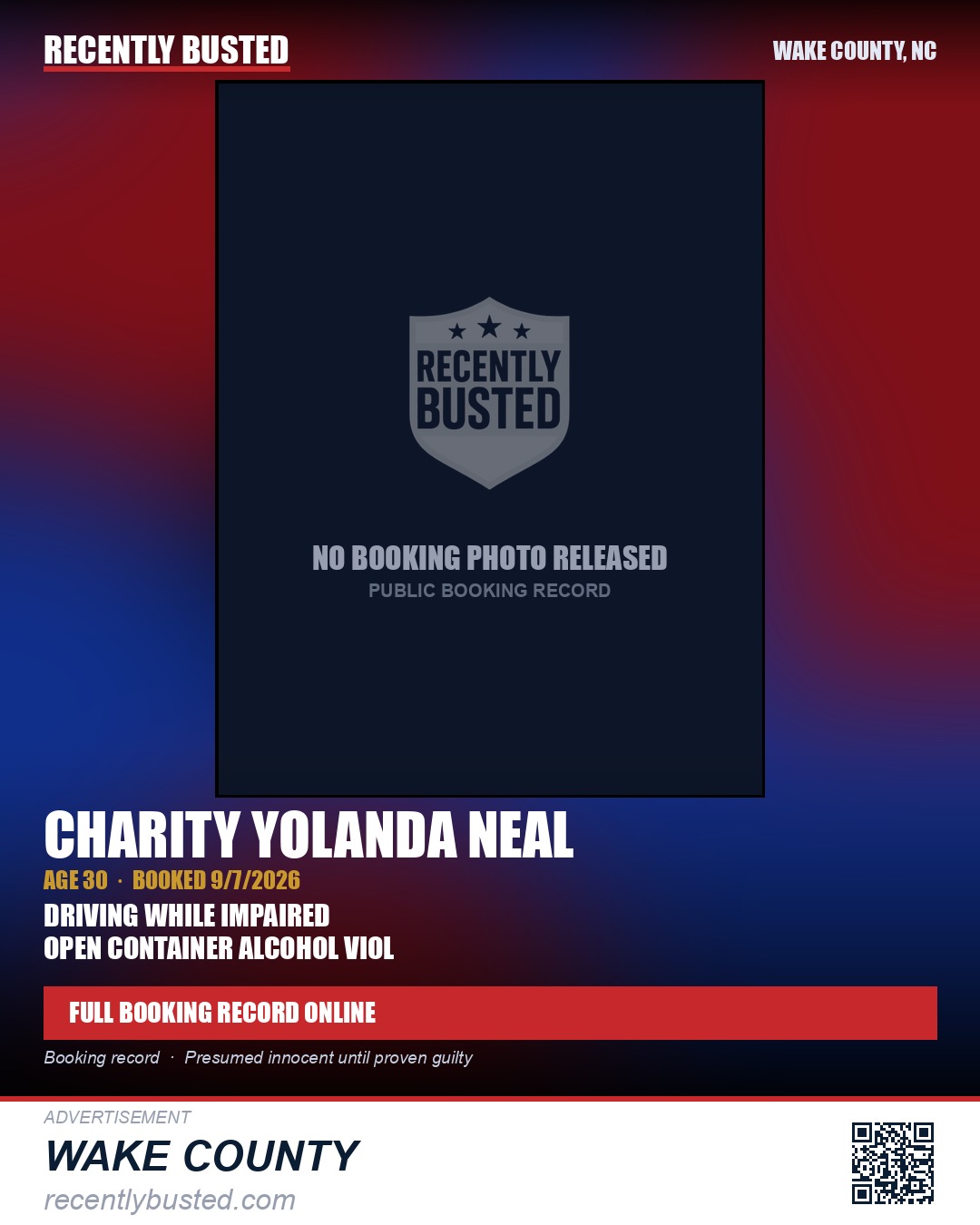 CHARITY YOLANDA NEAL — arrest record card, Wake County, North Carolina