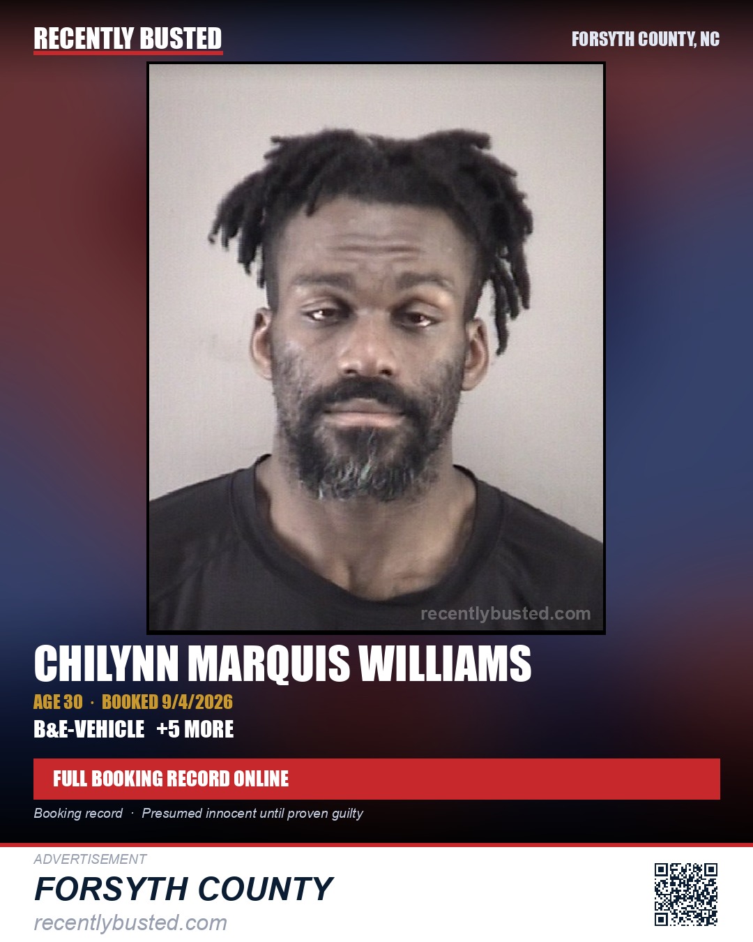 CHILYNN MARQUIS WILLIAMS — arrest record card, Forsyth County, North Carolina