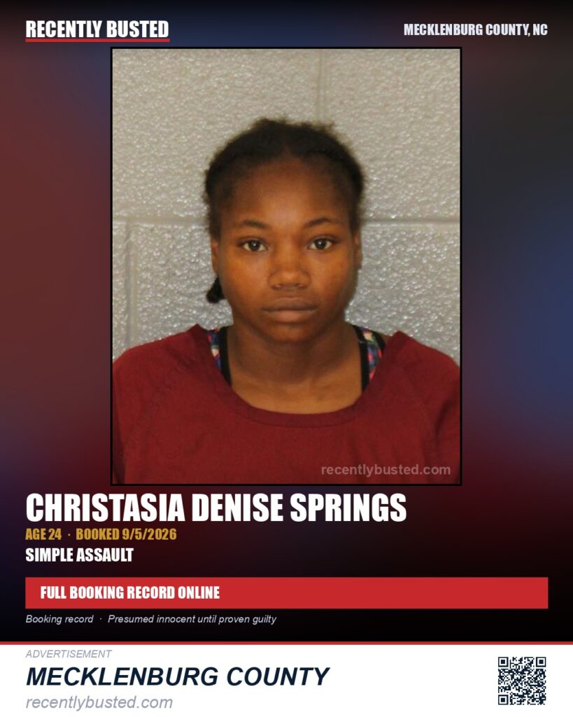 CHRISTASIA DENISE SPRINGS — arrest record card, Mecklenburg County, North Carolina