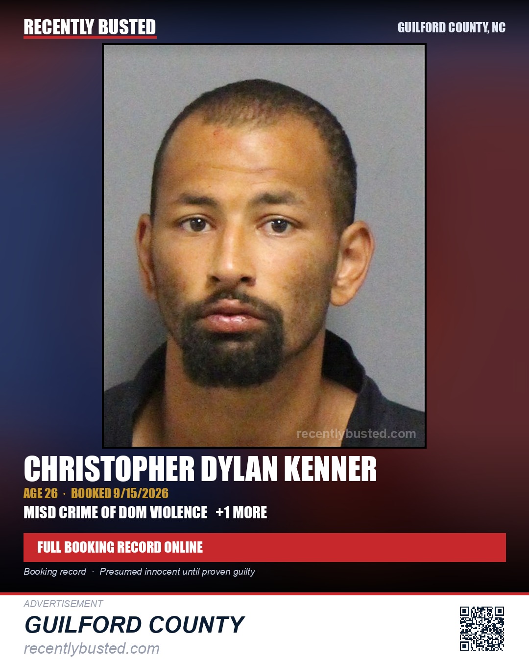 CHRISTOPHER DYLAN KENNER — arrest record card, Guilford County, North Carolina