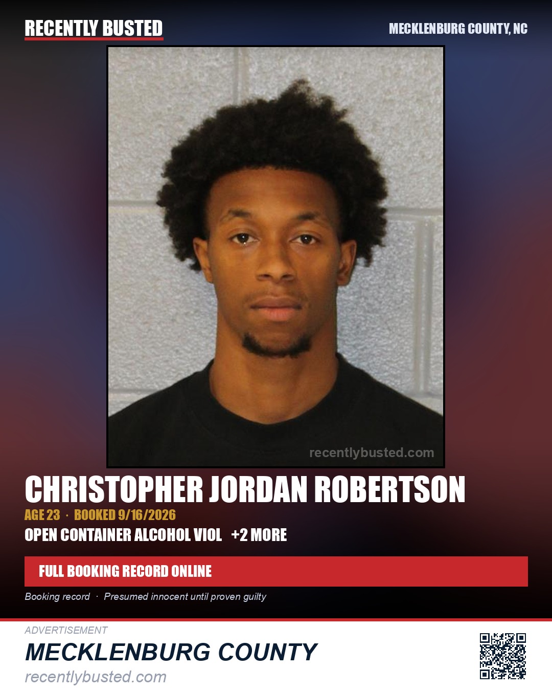CHRISTOPHER JORDAN ROBERTSON — arrest record card, Mecklenburg County, North Carolina