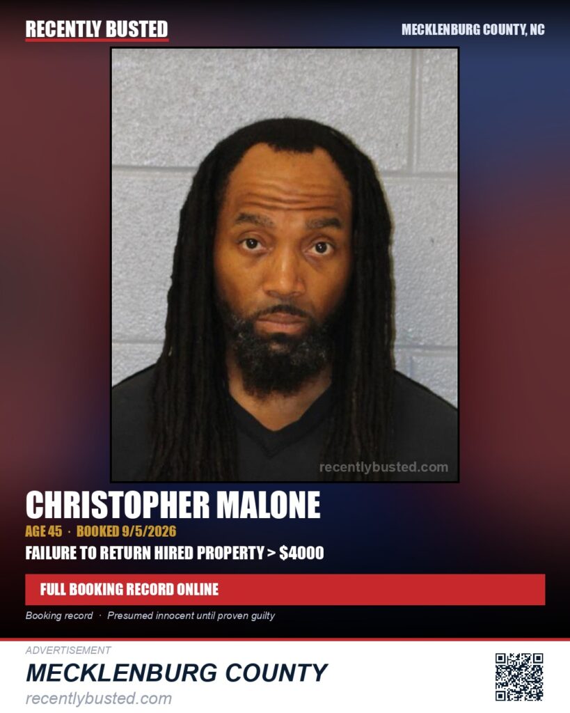 CHRISTOPHER MALONE — arrest record card, Mecklenburg County, North Carolina