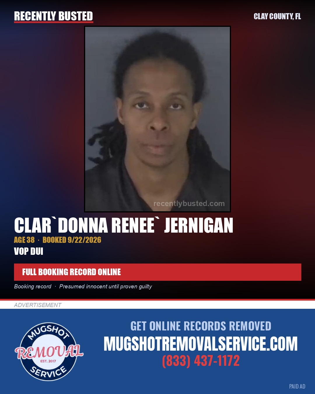 CLAR`DONNA RENEE` JERNIGAN — arrest record card, Clay County, Florida