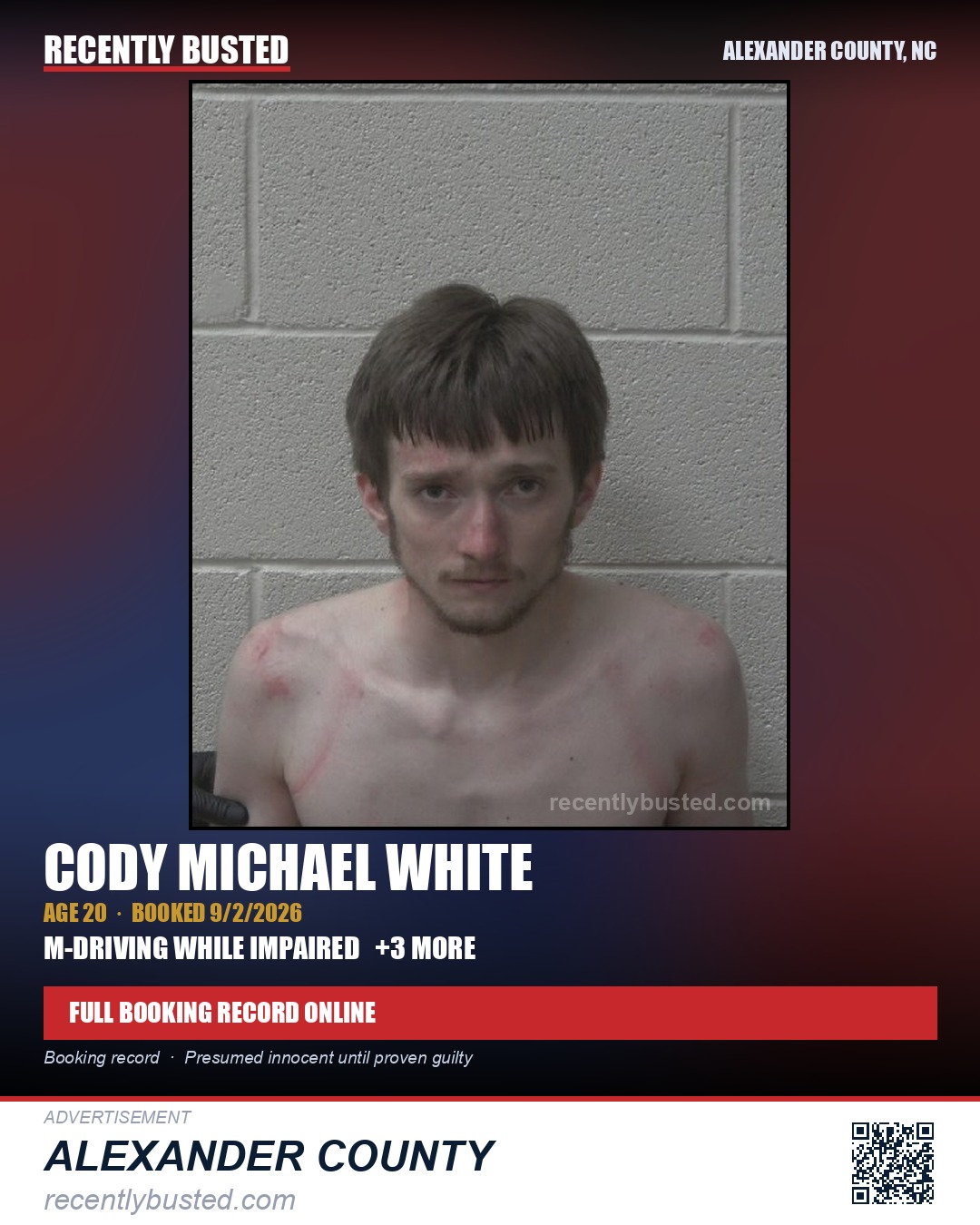 CODY MICHAEL WHITE — arrest record card, Alexander County, North Carolina