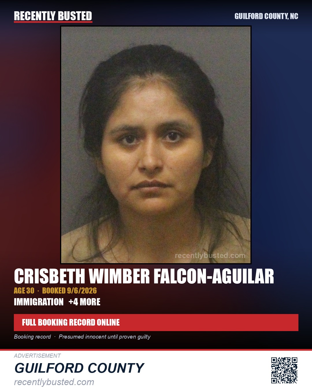 CRISBETH WIMBER FALCON-AGUILAR — arrest record card, Guilford County, North Carolina