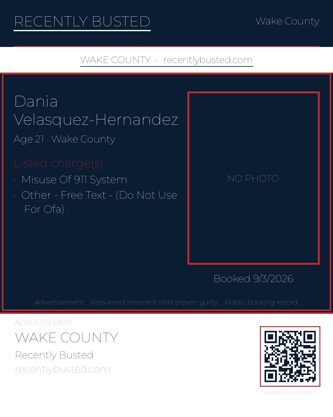 DANIA VELASQUEZ-HERNANDEZ — arrest record card, Wake County, North Carolina