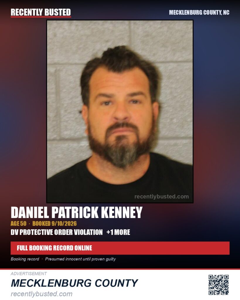 DANIEL PATRICK KENNEY — arrest record card, Mecklenburg County, North Carolina