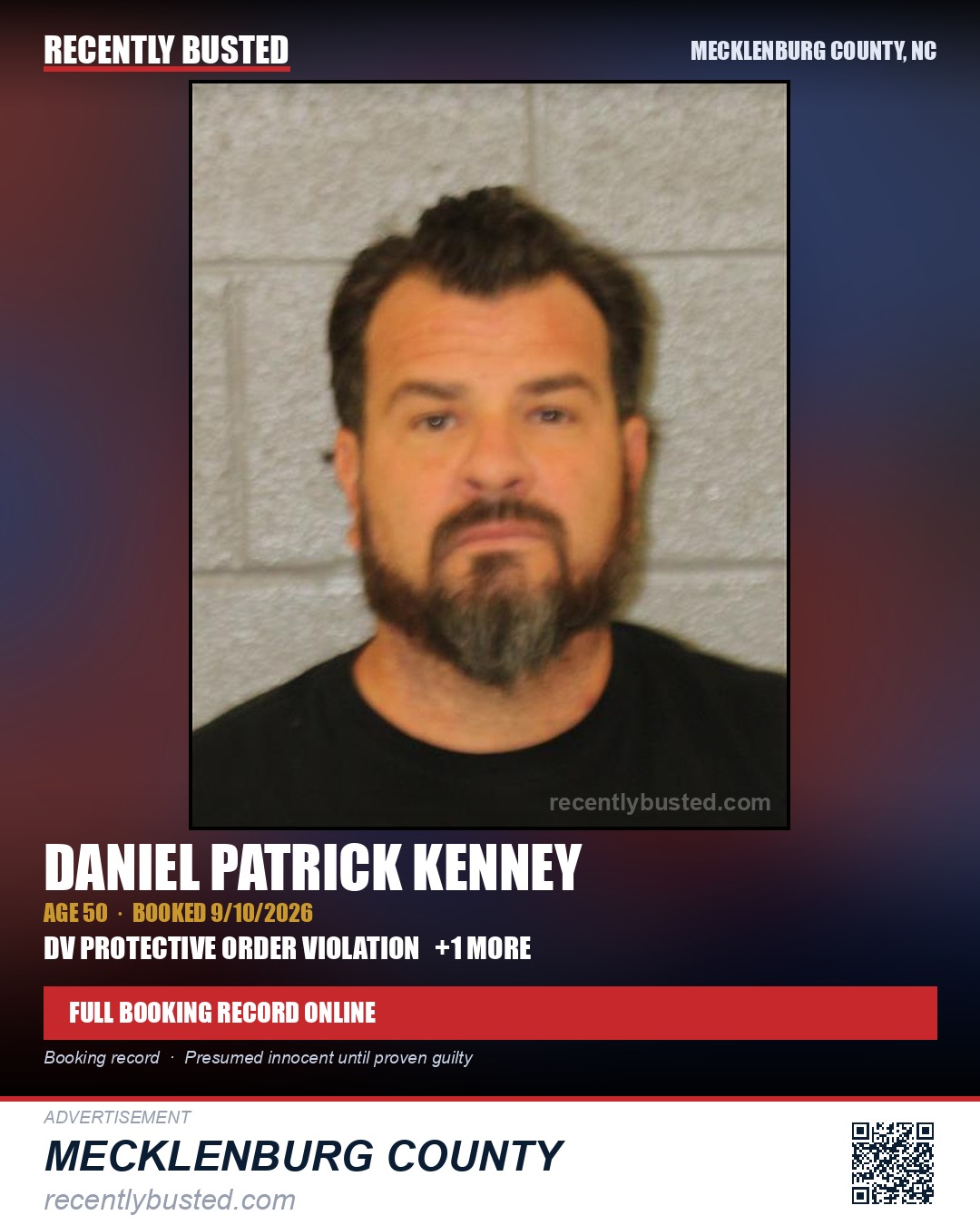 DANIEL PATRICK KENNEY — arrest record card, Mecklenburg County, North Carolina