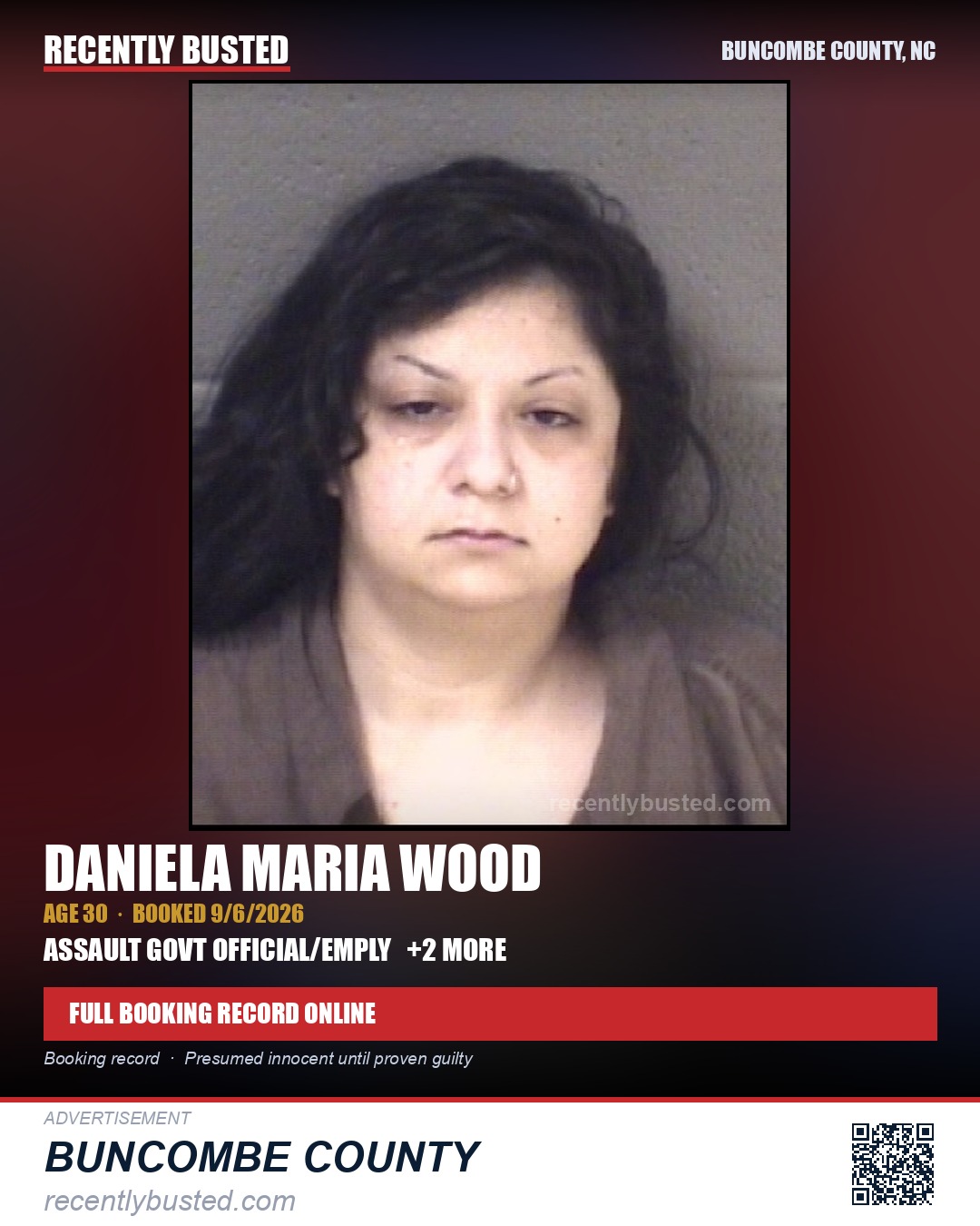DANIELA MARIA WOOD — arrest record card, Buncombe County, North Carolina