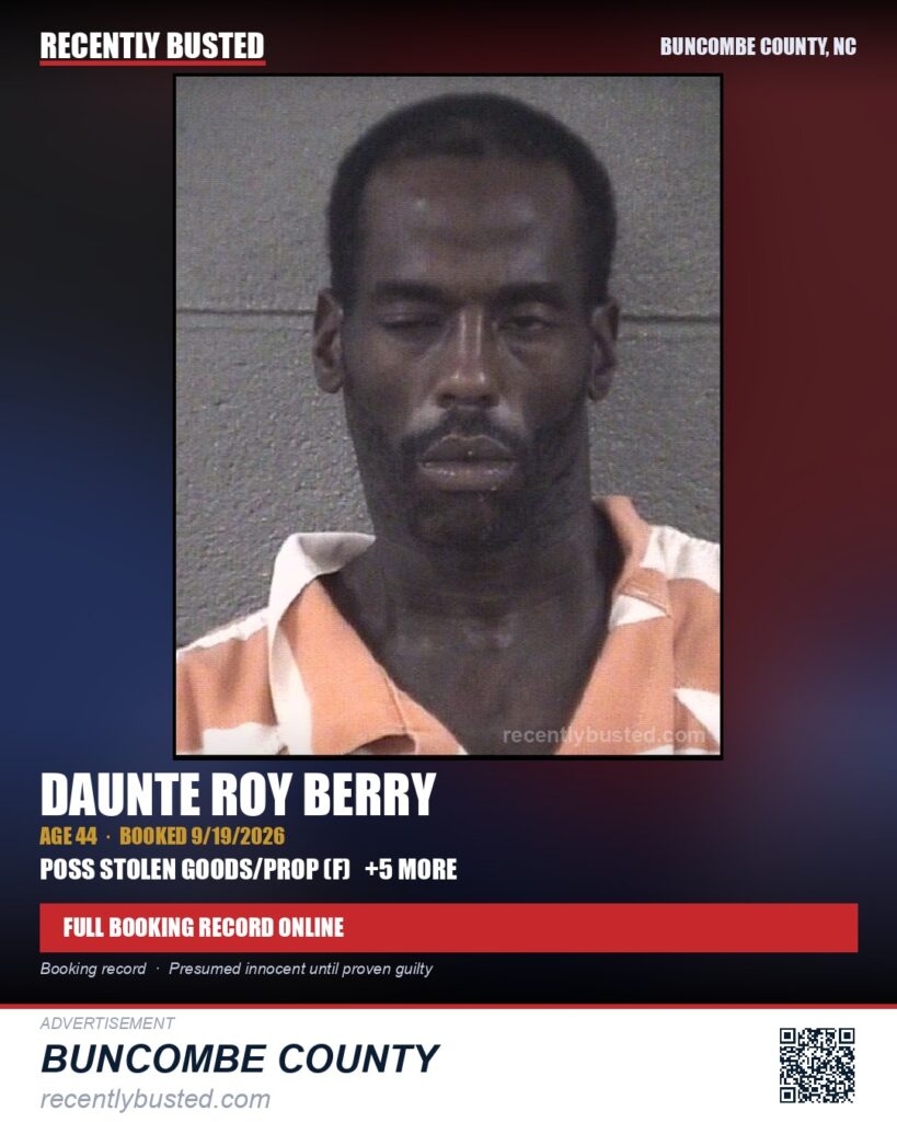 DAUNTE ROY BERRY — arrest record card, Buncombe County, North Carolina