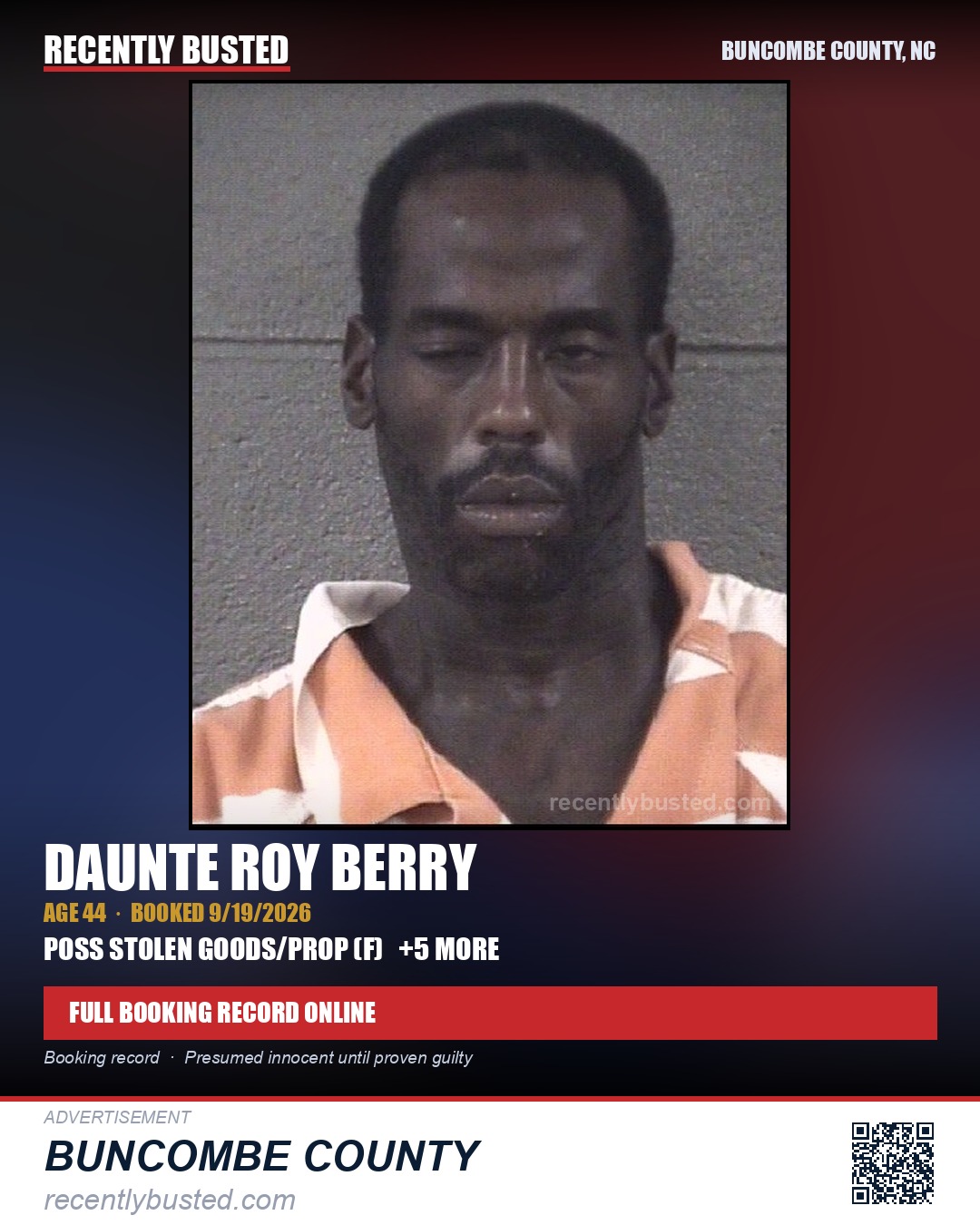 DAUNTE ROY BERRY — arrest record card, Buncombe County, North Carolina