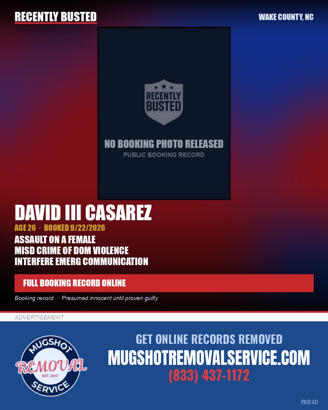 DAVID III CASAREZ — arrest record card, Wake County, North Carolina