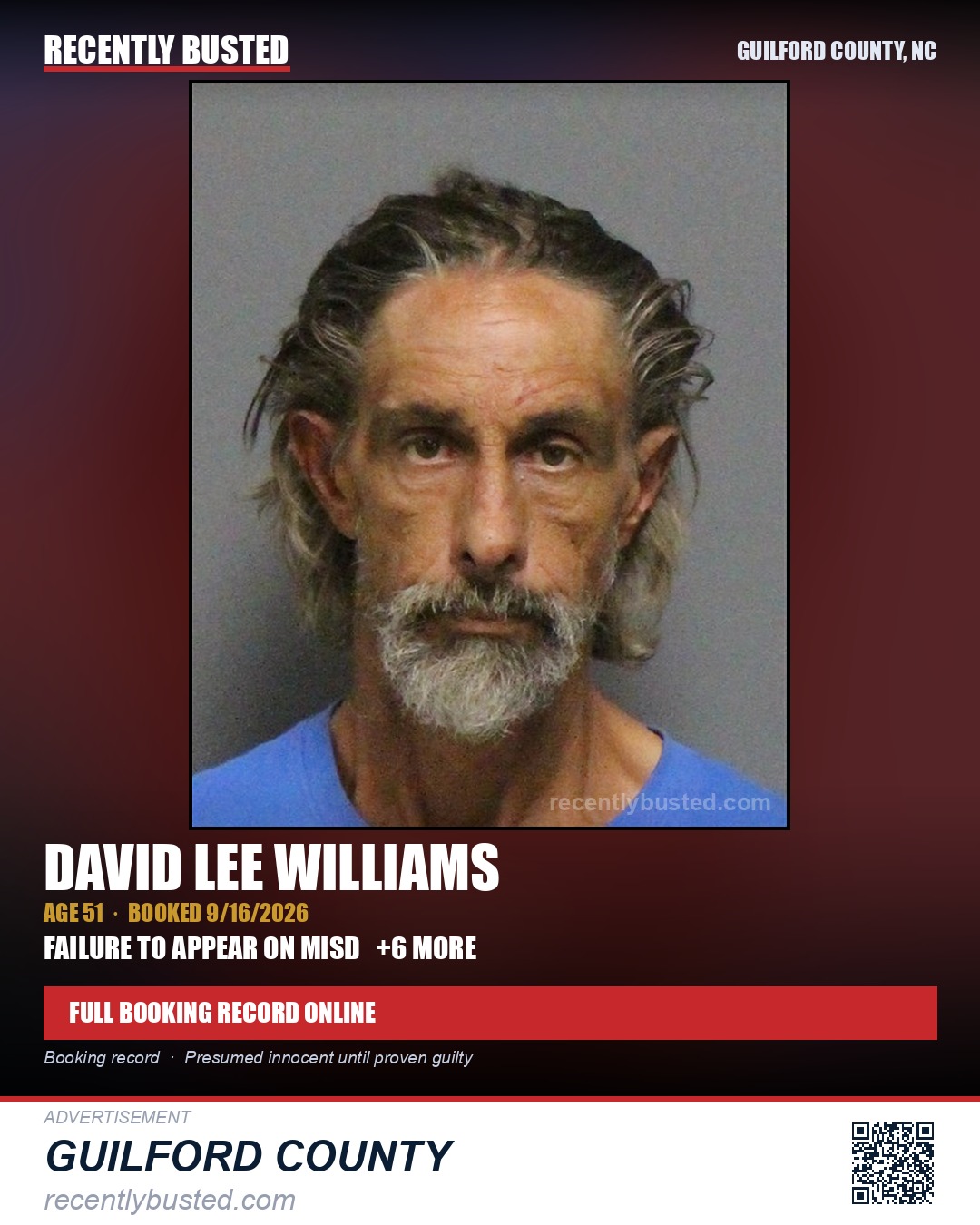 DAVID LEE WILLIAMS — arrest record card, Guilford County, North Carolina