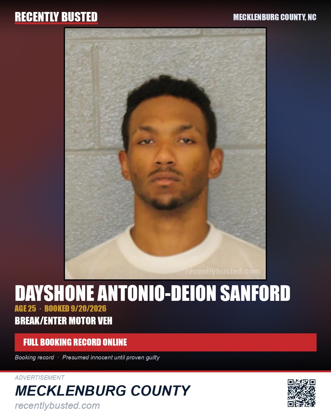 DAYSHONE ANTONIO-DEION SANFORD — arrest record card, Mecklenburg County, North Carolina