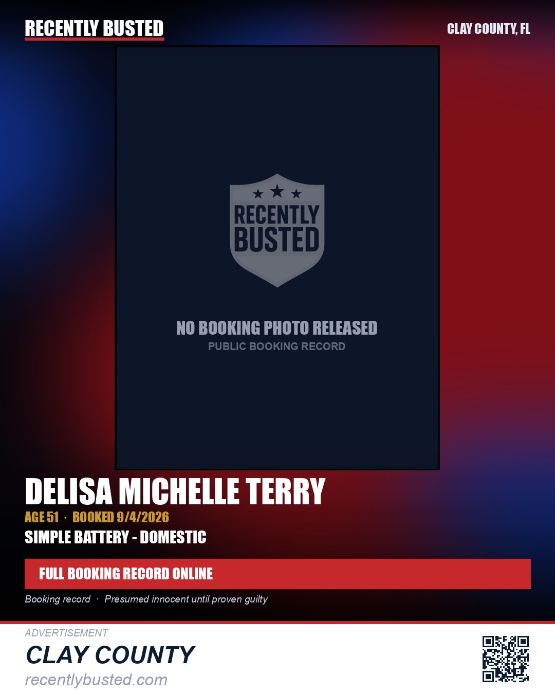 DELISA MICHELLE TERRY — arrest record card, Clay County, Florida
