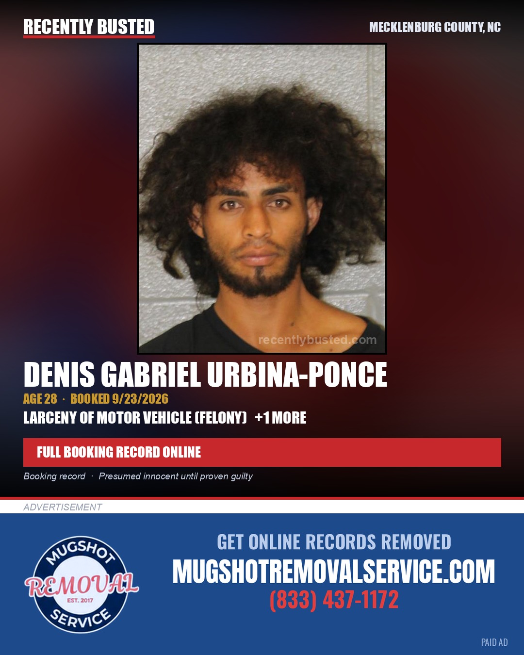 DENIS GABRIEL URBINA-PONCE — arrest record card, Mecklenburg County, North Carolina