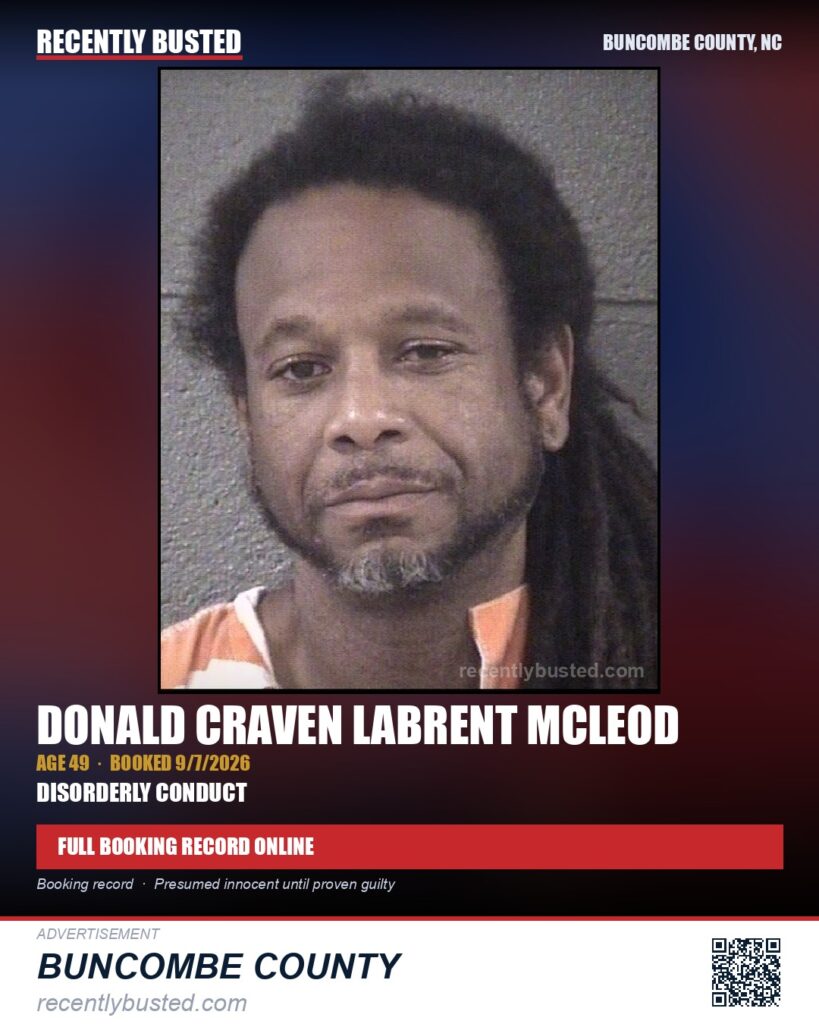 DONALD CRAVEN LABRENT MCLEOD — arrest record card, Buncombe County, North Carolina