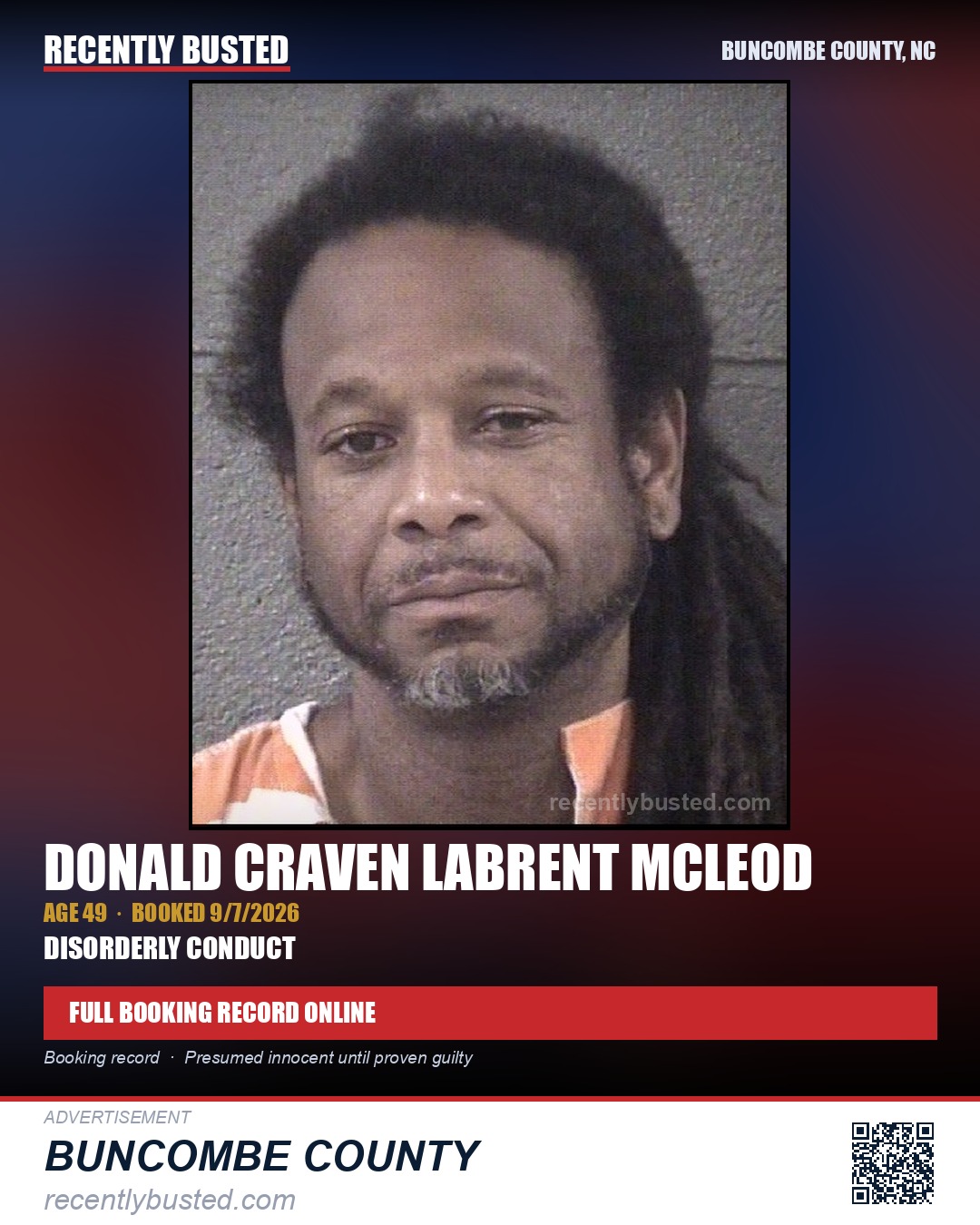 DONALD CRAVEN  LABRENT MCLEOD — arrest record card, Buncombe County, North Carolina