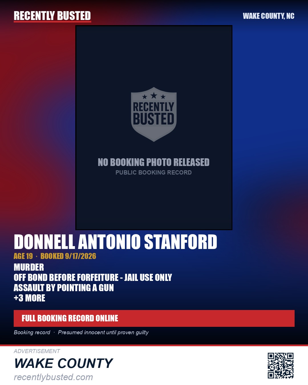 DONNELL ANTONIO STANFORD — arrest record card, Wake County, North Carolina