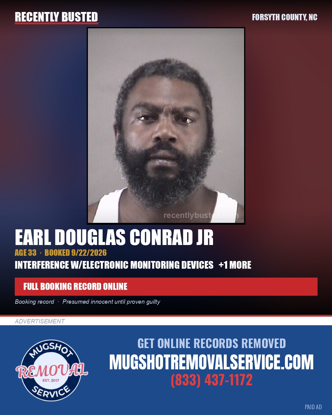 EARL DOUGLAS CONRAD JR — arrest record card, Forsyth County, North Carolina