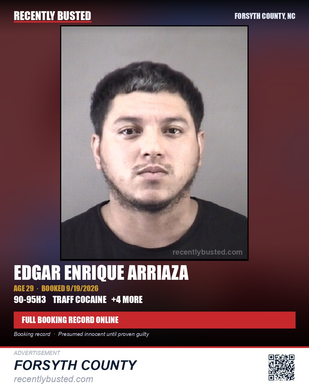 EDGAR ENRIQUE ARRIAZA — arrest record card, Forsyth County, North Carolina