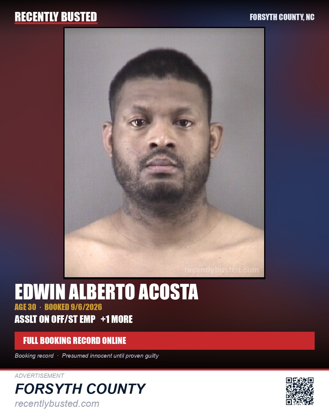 EDWIN ALBERTO ACOSTA — arrest record card, Forsyth County, North Carolina
