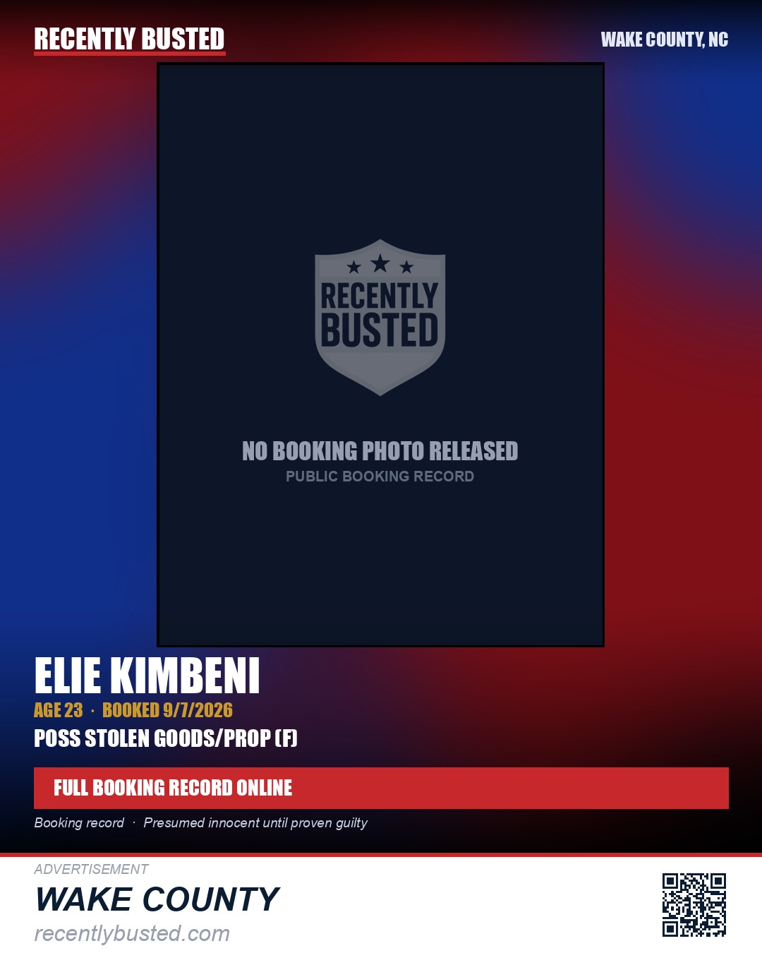 ELIE KIMBENI — arrest record card, Wake County, North Carolina