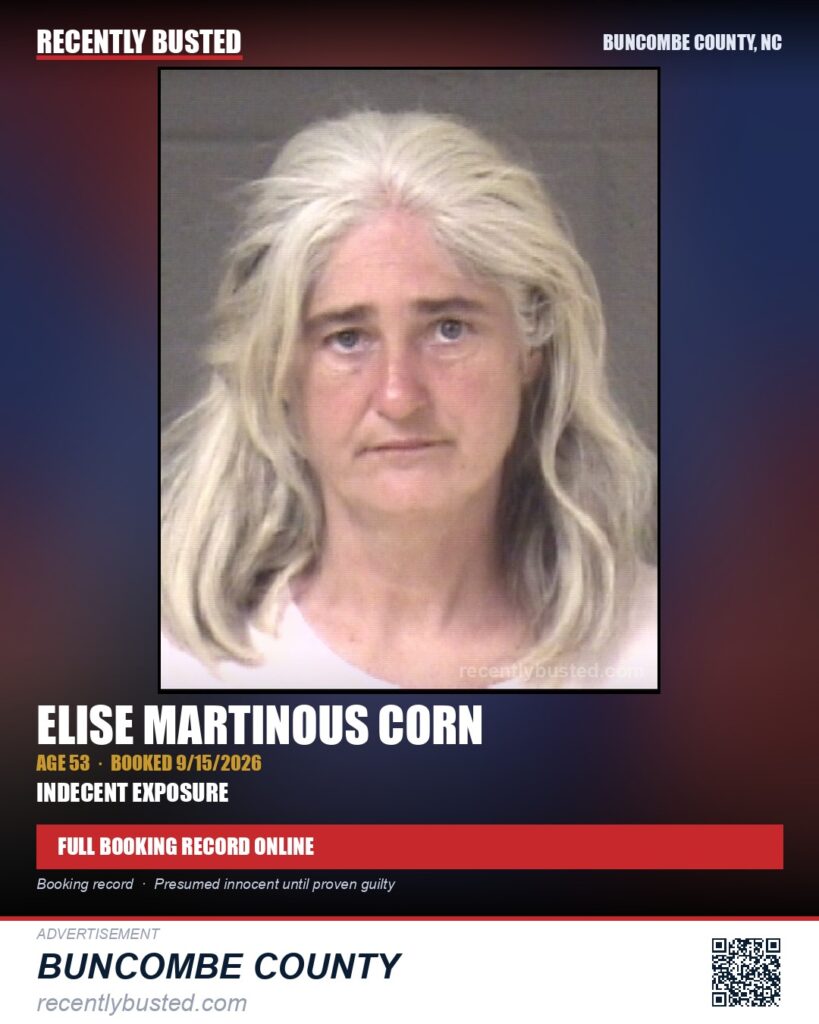 ELISE MARTINOUS CORN — arrest record card, Buncombe County, North Carolina