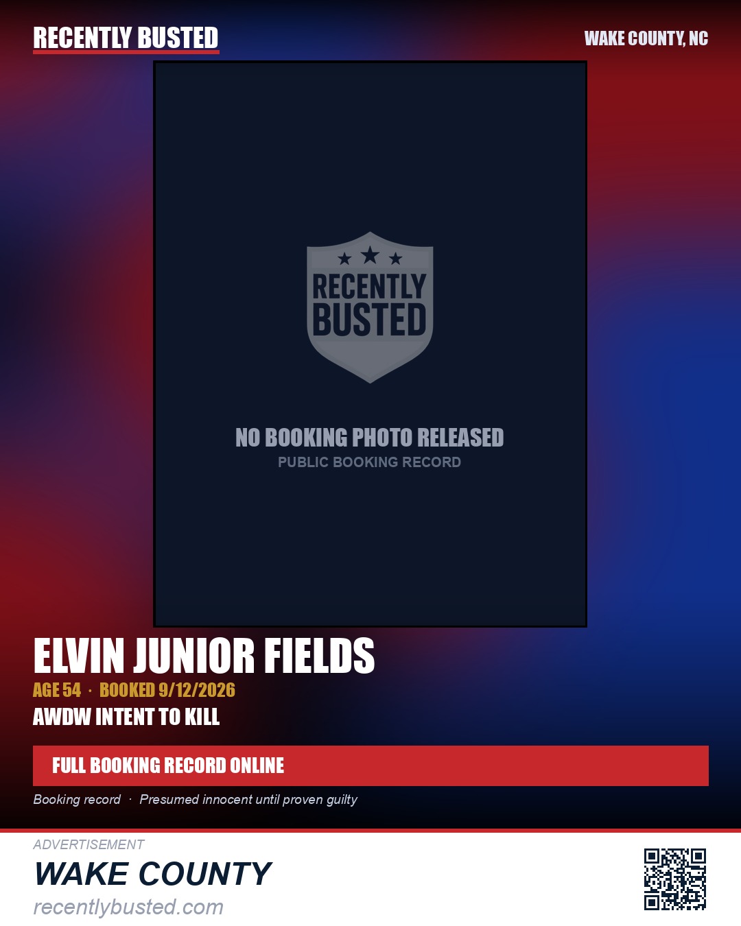ELVIN JUNIOR FIELDS — arrest record card, Wake County, North Carolina
