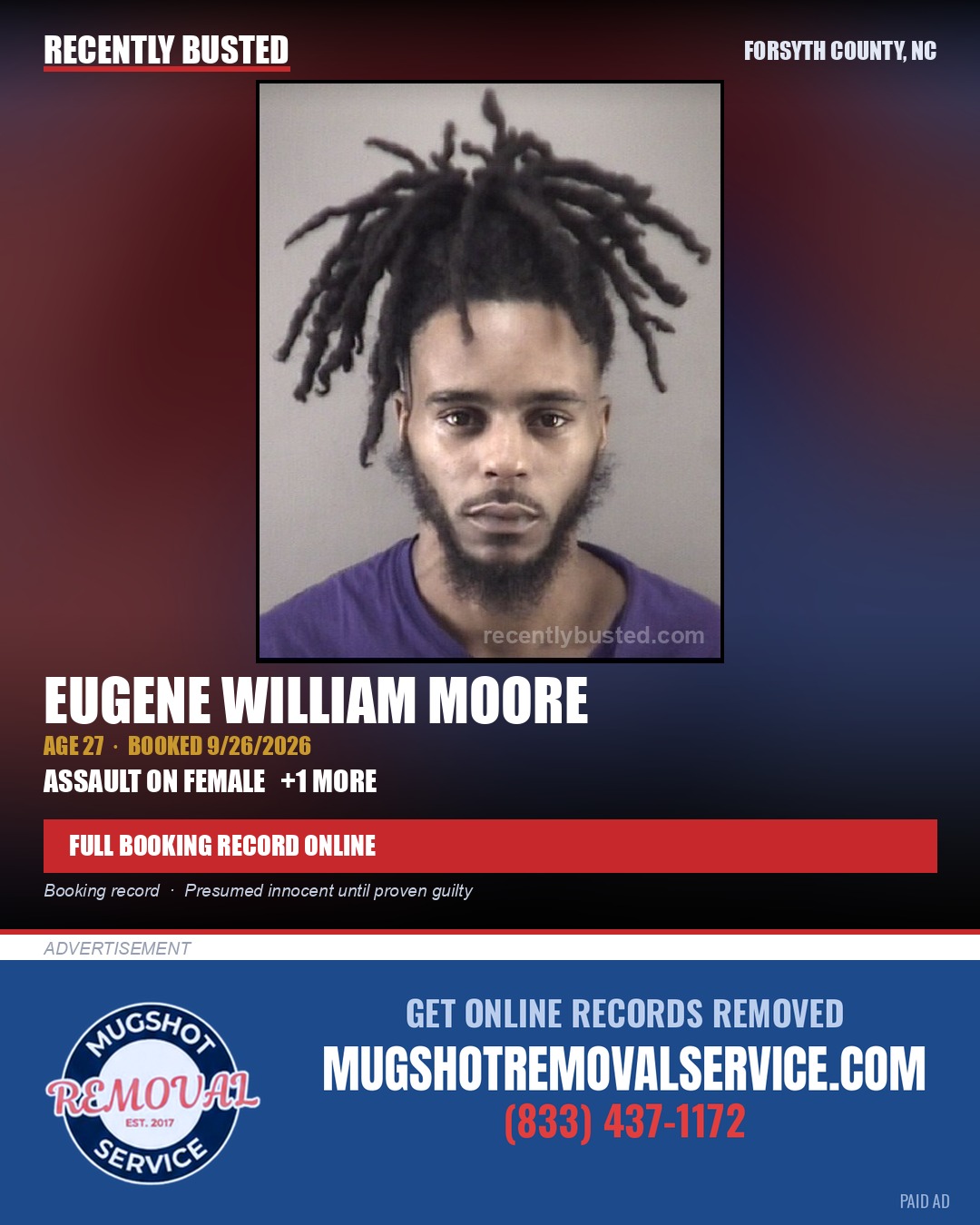 EUGENE WILLIAM MOORE — arrest record card, Forsyth County, North Carolina