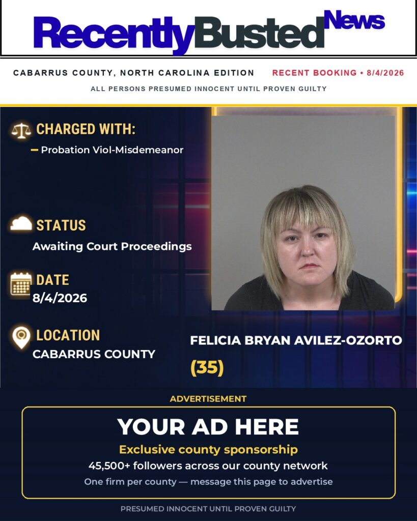 FELICIA BRYAN AVILEZ-OZORTO — arrest record card, Cabarrus County
