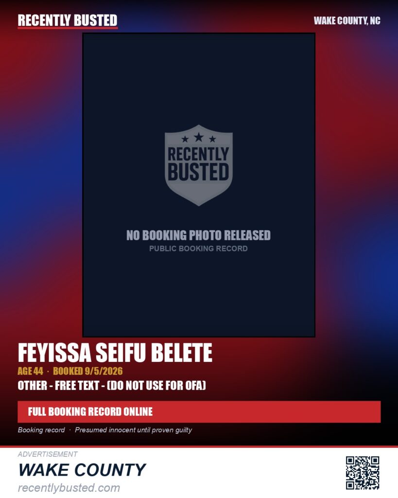 FEYISSA SEIFU BELETE — arrest record card, Wake County, North Carolina