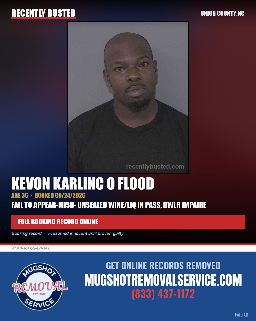 FLOOD, KEVON KARLINC O — arrest record card, Union County, North Carolina