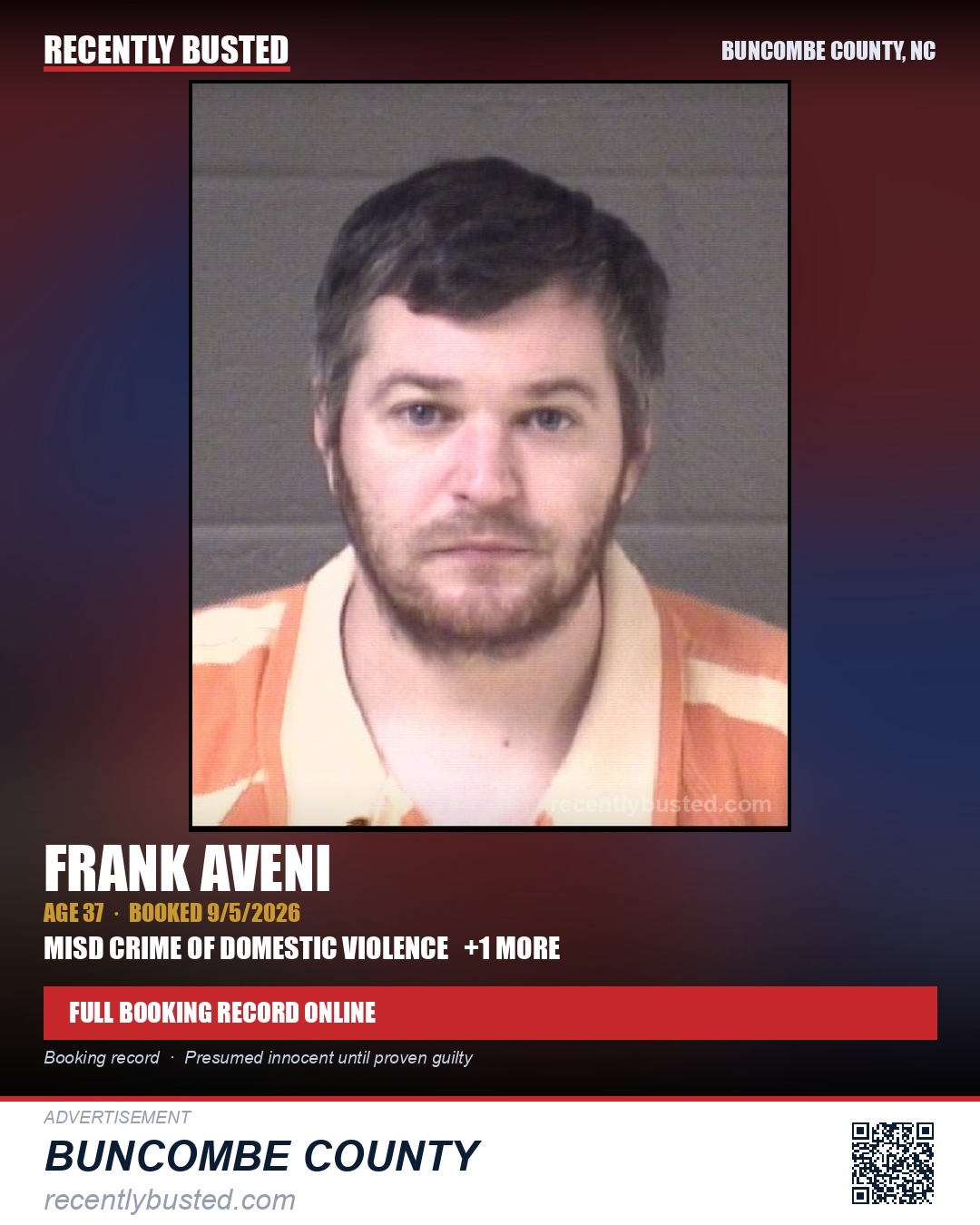 FRANK AVENI — arrest record card, Buncombe County, North Carolina
