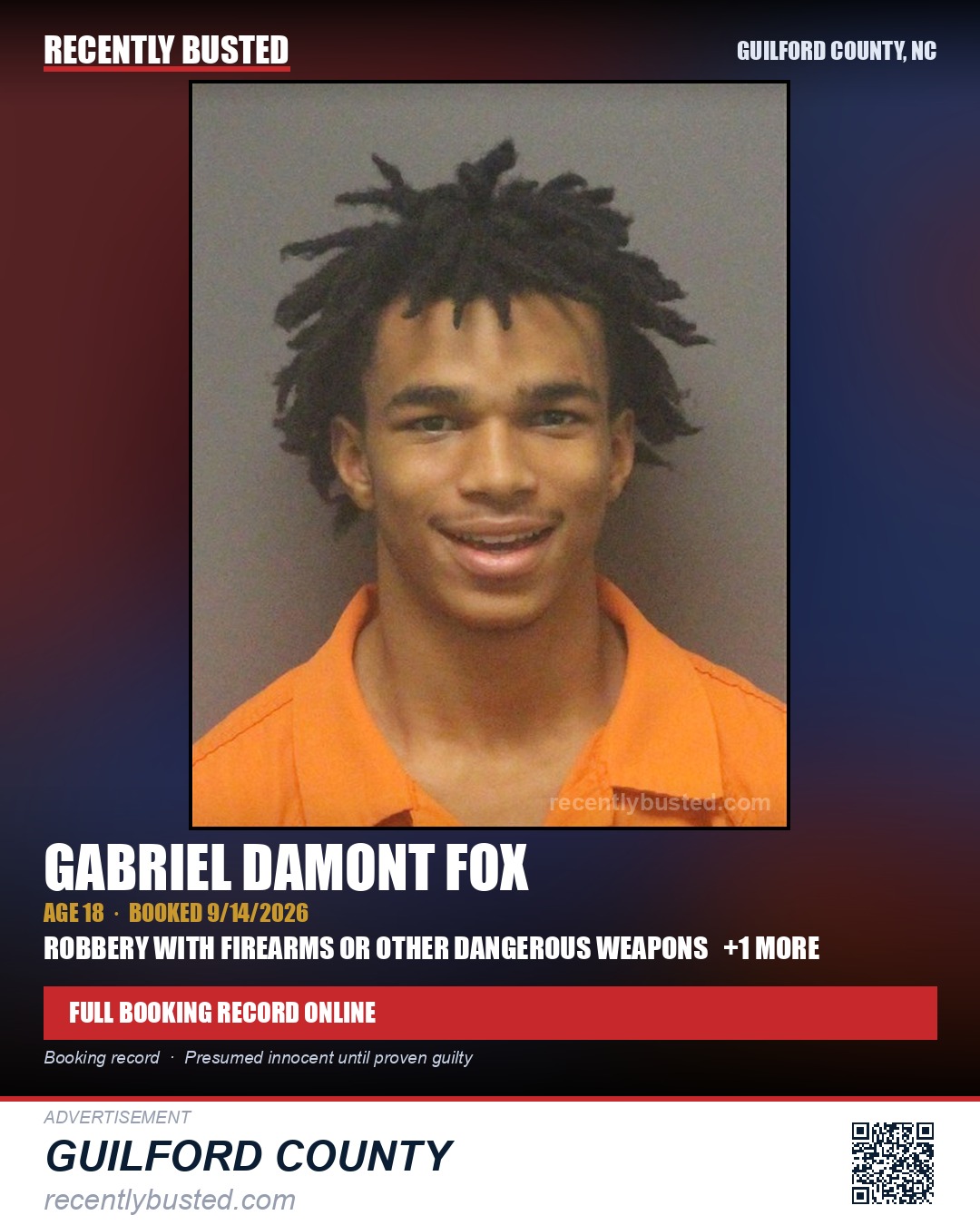 GABRIEL DAMONT FOX — arrest record card, Guilford County, North Carolina