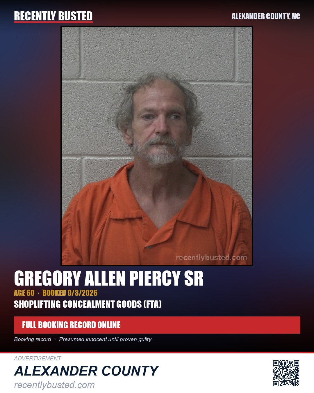 GREGORY ALLEN PIERCY SR — arrest record card, Alexander County, North Carolina