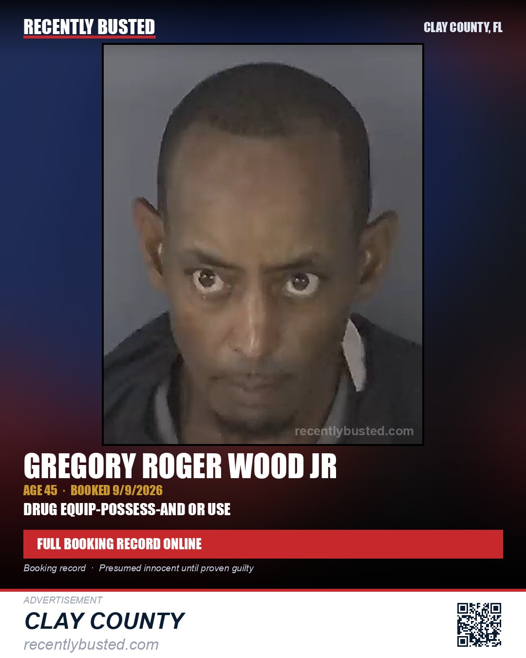 GREGORY ROGER WOOD JR — arrest record card, Clay County, Florida