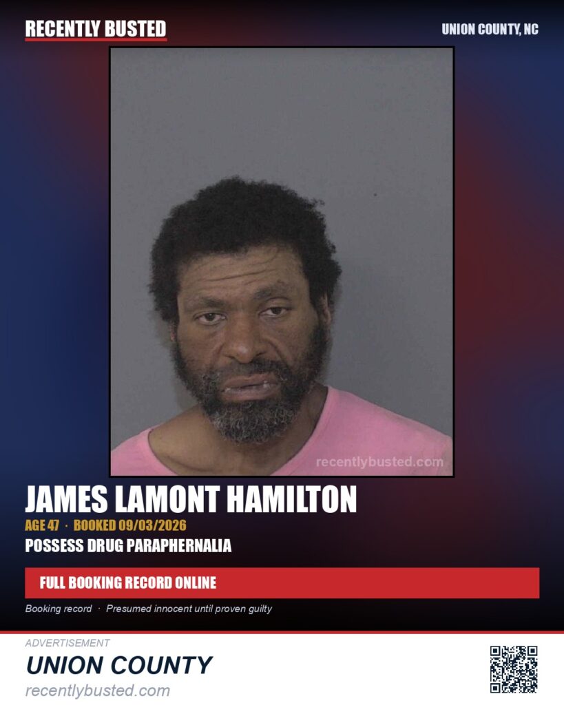 HAMILTON, JAMES LAMONT — arrest record card, Union County, North Carolina