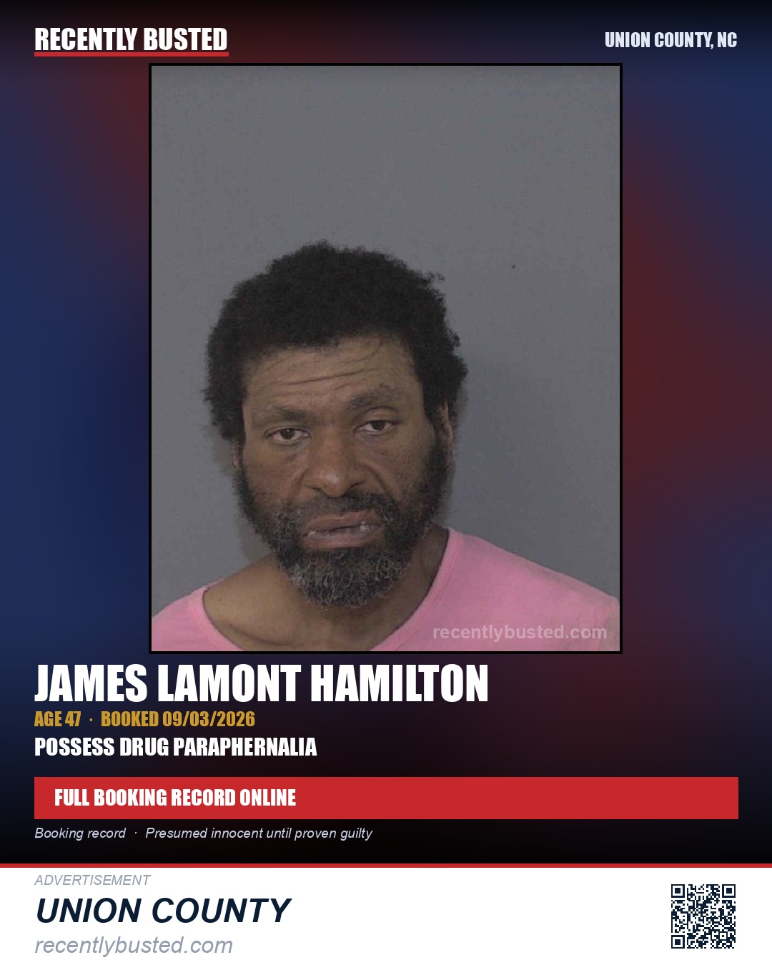 HAMILTON, JAMES LAMONT — arrest record card, Union County, North Carolina