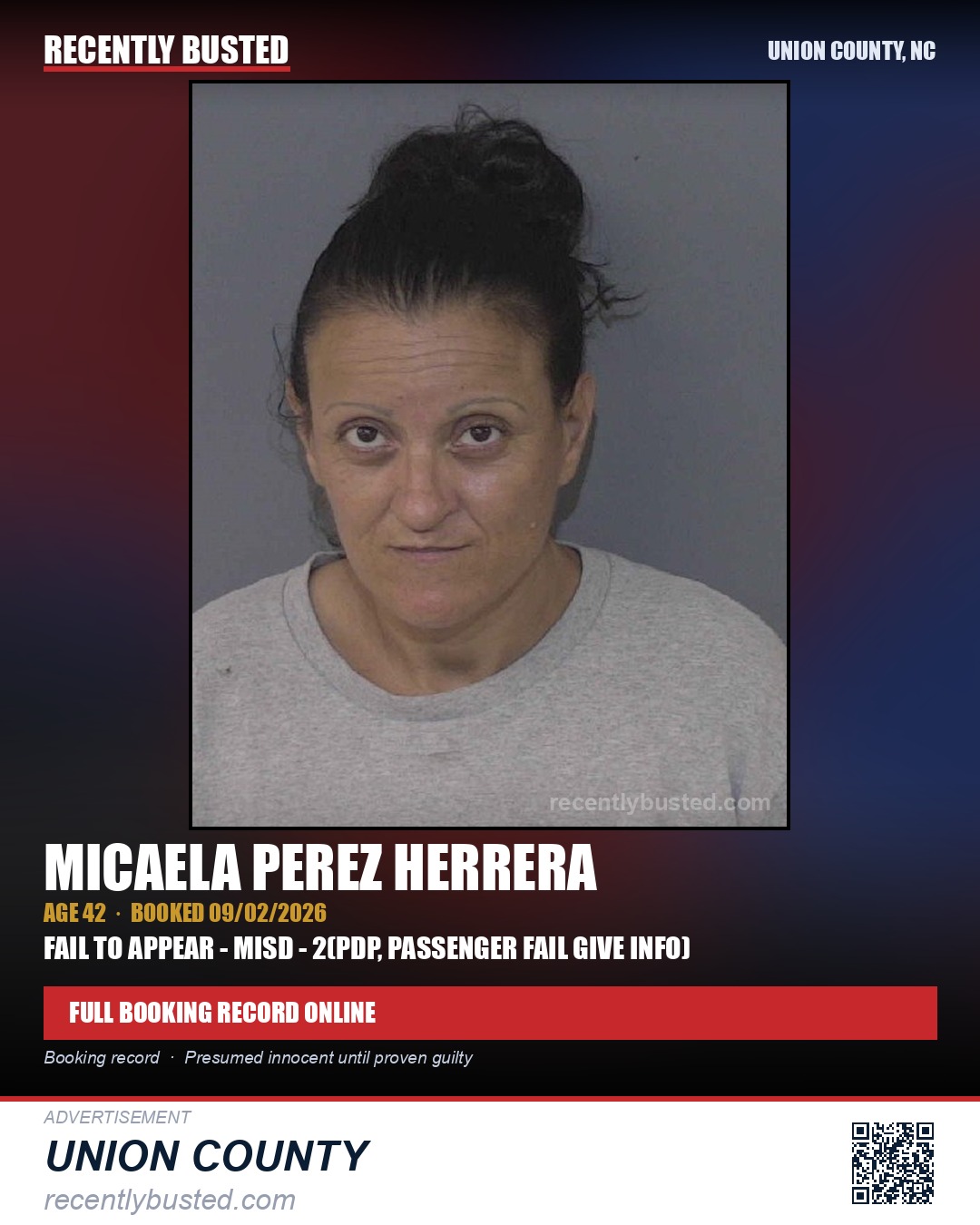 HERRERA, MICAELA PEREZ — arrest record card, Union County, North Carolina