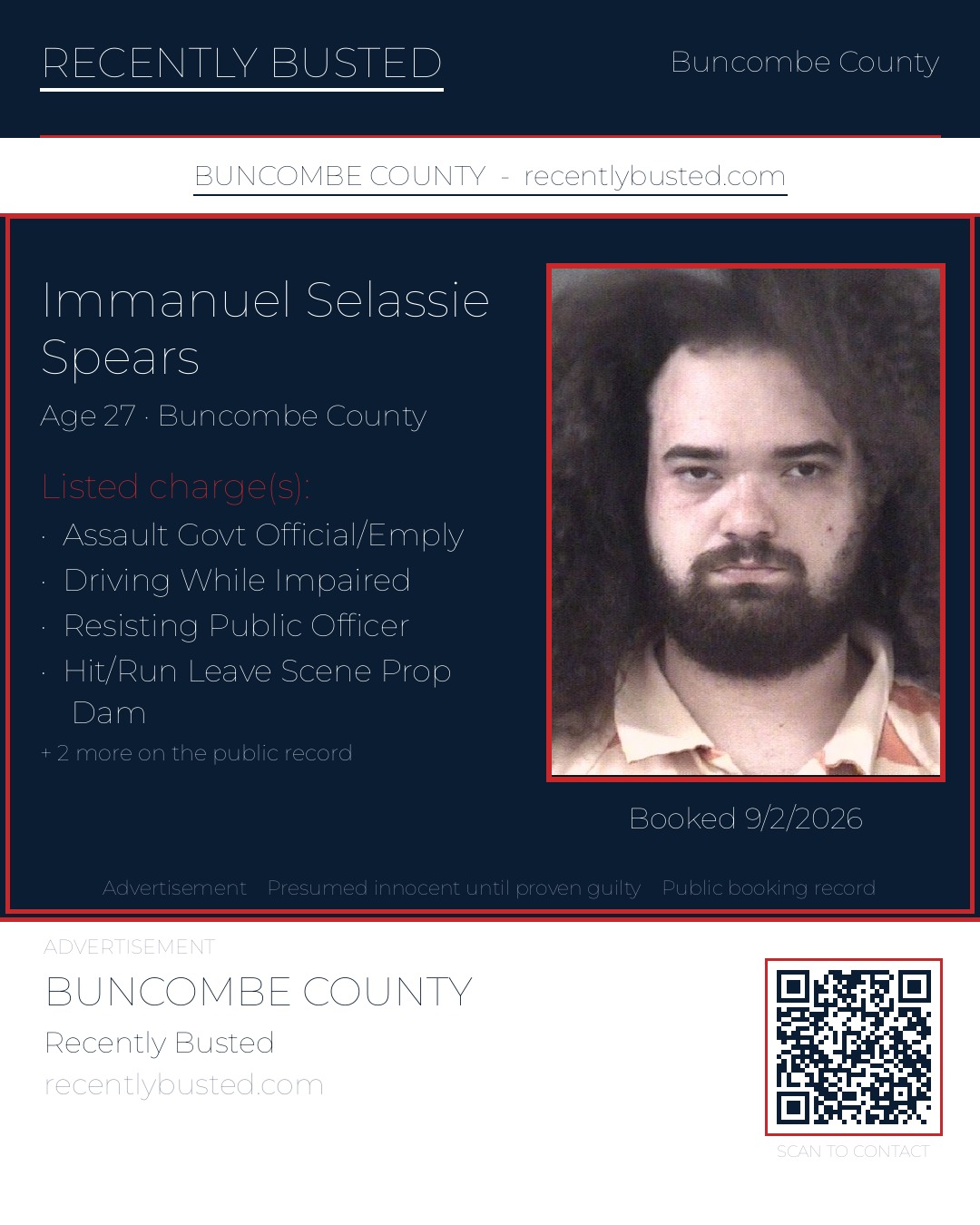 IMMANUEL SELASSIE SPEARS — arrest record card, Buncombe County, North Carolina