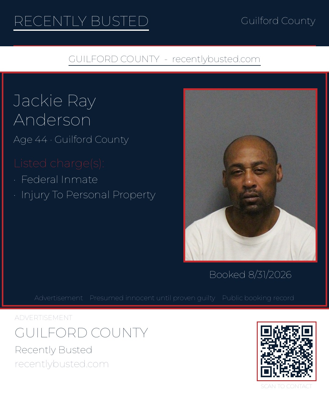 JACKIE RAY ANDERSON — arrest record card, Guilford County, North Carolina